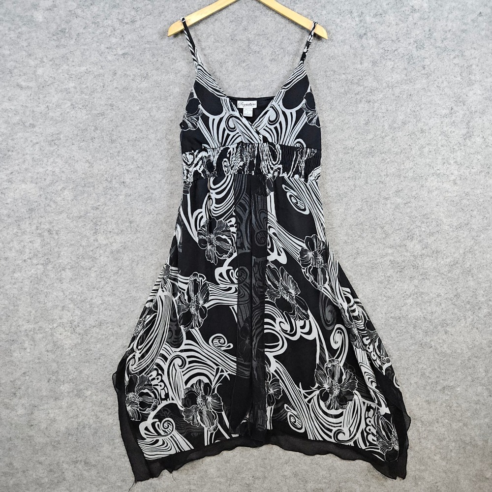 Signature JMB Black & Gray Floral Print Spaghetti‎ Strap Dress Size L Midi FLAW